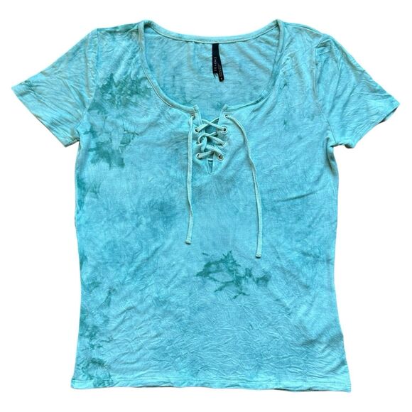 Women's S Empyre Blue Green Tie Dye Short Sleeve Shirt Small Lace Up Front Tee - Picture 7 of 7